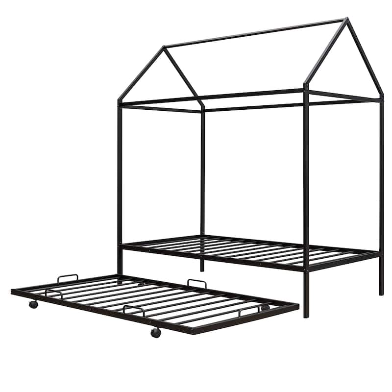 Metal Twin Size Kids House Bed With Trundle Durable Build, Space