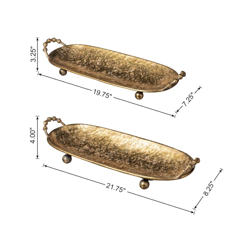 Glitzhome Set of 2 Rustic Fall Oval Metal Gold Decorative Trays with Handles -19"/21"L