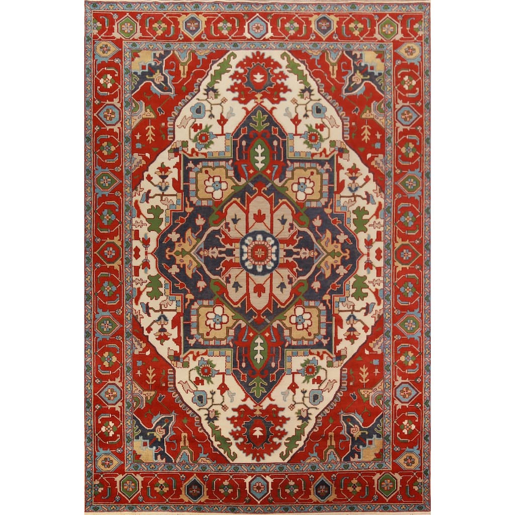 Medallion Heriz Serapi Indian Large Rug Handmade Wool Carpet - 9'11" x 13'10"