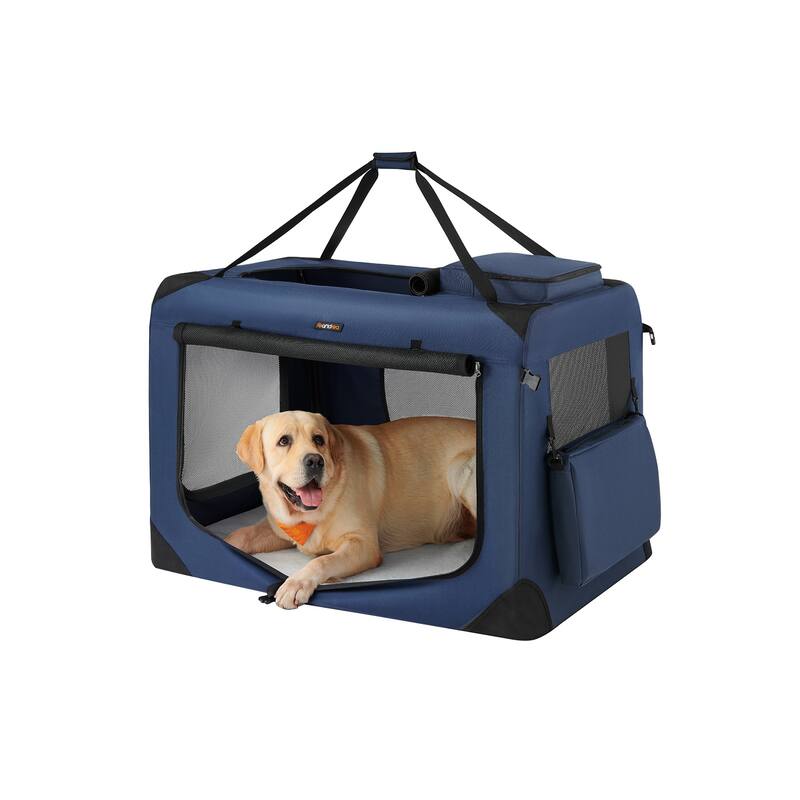 Collapsible Pet Carrier, Oxford Fabric, Mesh, Metal Frame, With Handle, Storage Pockets - 40.0"L x 27.0"W x 27.0"H - Dark Blue