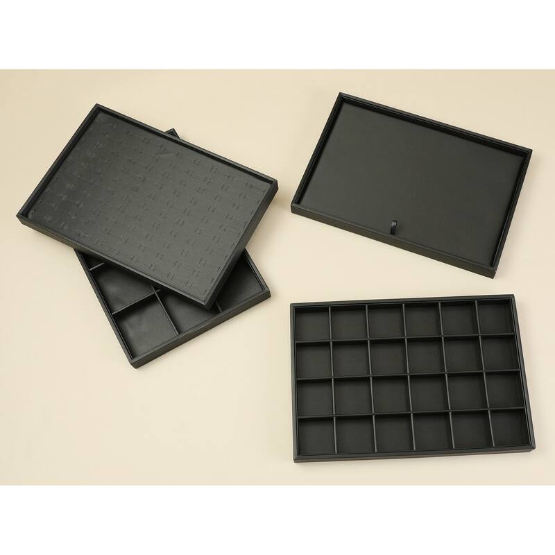 Set of 2 Stackable PU Leather Jewelry Organizer Trays with Removable Dividers, Jewelry Organizer Drawer Inserts Storage - Black