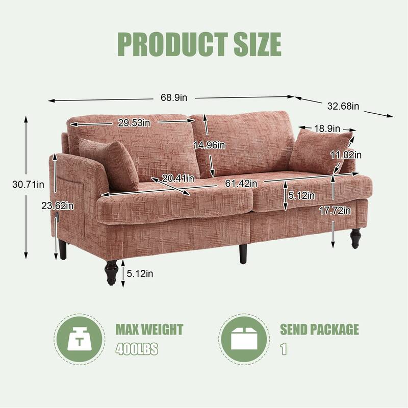 Modern Style Chenille 2-Seater Wood-Legged Sofa With Led Light, Usb Charging Port And Storage Bag Living Room Bedroom Study Room