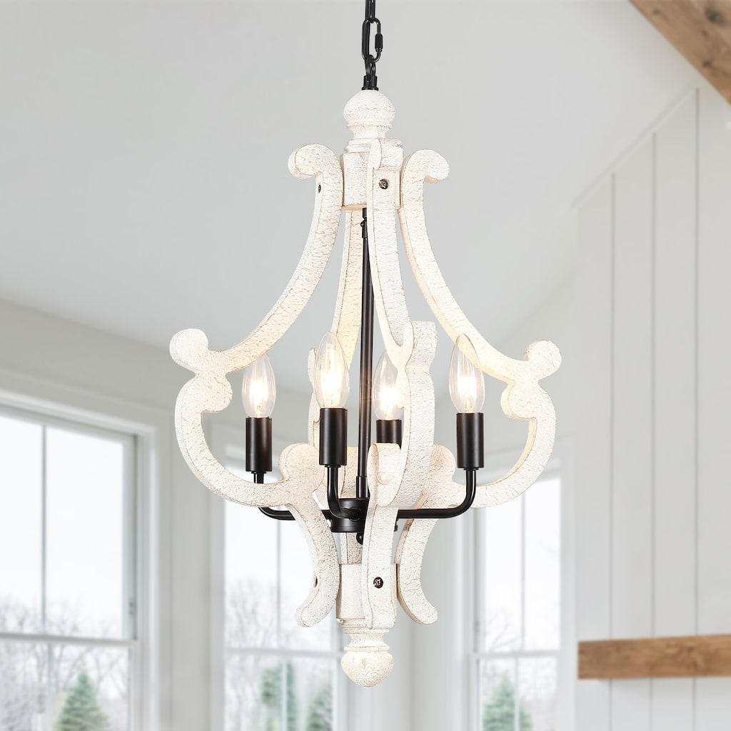 4-Light 14.56-inch Wooden Lantern Rustic Chandeliers for Entryway Hallway