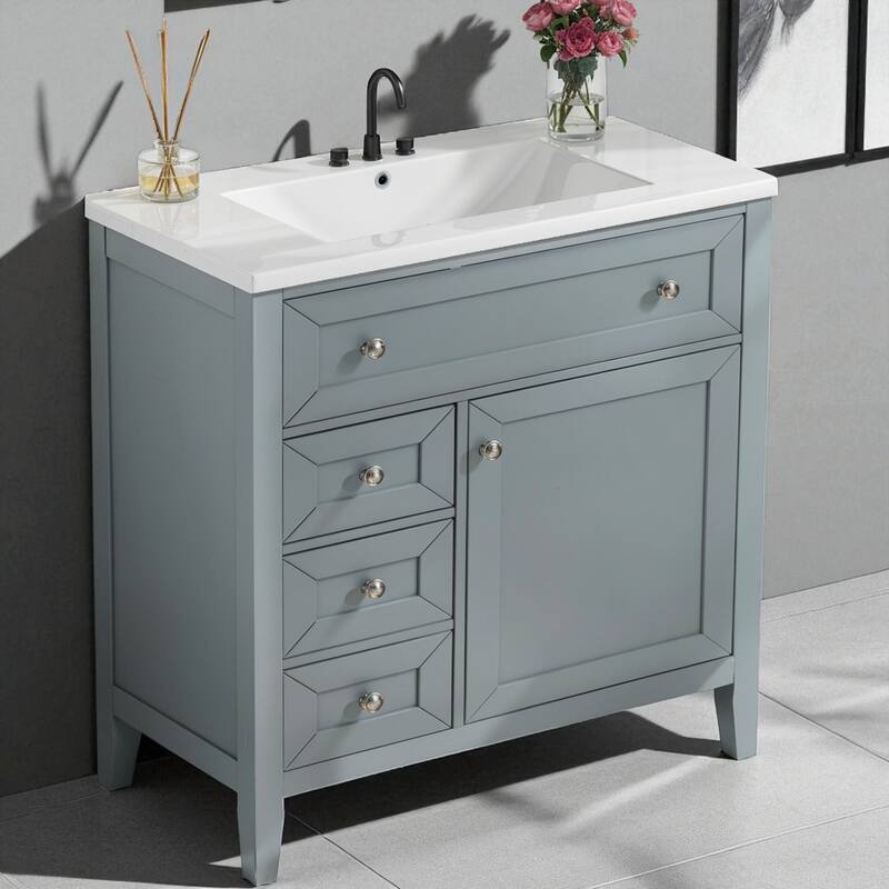 Solid Wood Bathroom Vanity with Ceramic Undermount Sink, Soft-Close Drawers, Adjustable Shelf & 70kg Load Capacity - Grey