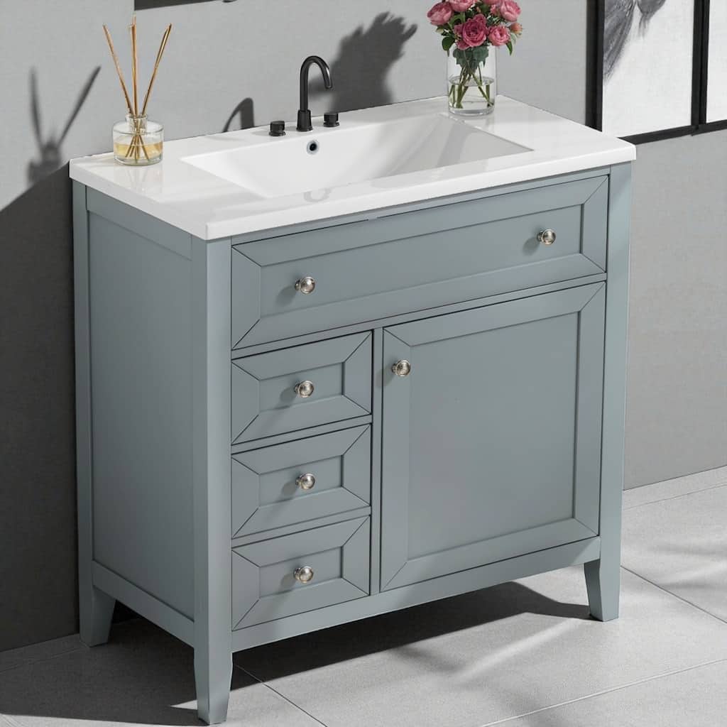 Solid Wood Bathroom Vanity with Ceramic Undermount Sink, Soft-Close Drawers, Adjustable Shelf & 70kg Load Capacity