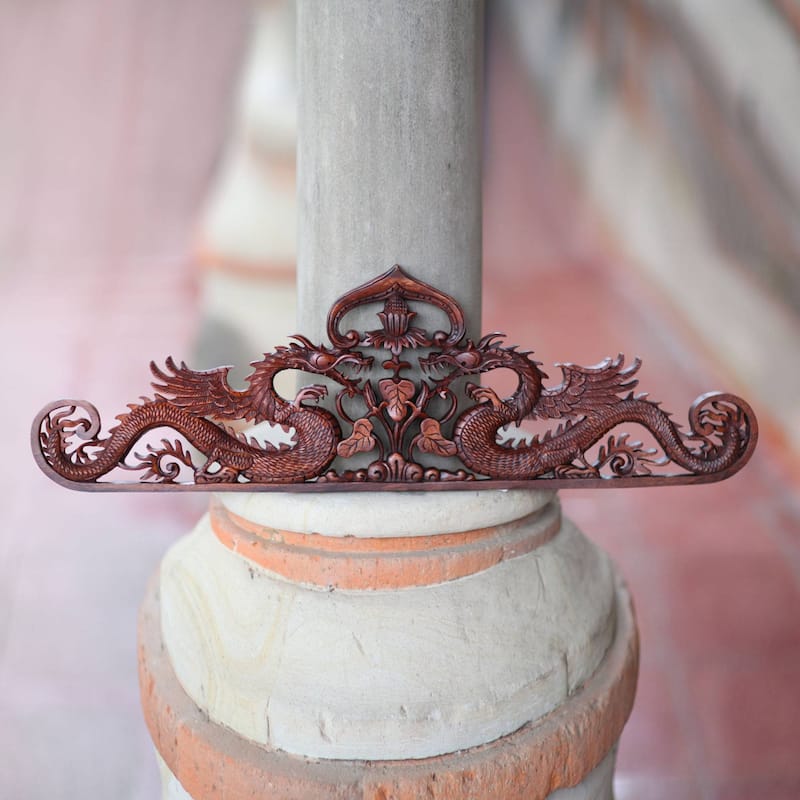 Handmade Guardian Dragons Wood wall sculpture (Indonesia)