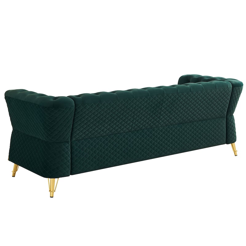 Mid-century Couch Velvet Upholstered Sofa with Button Tufted Backrest, Unique Armrest Design and Golden Metal Decor