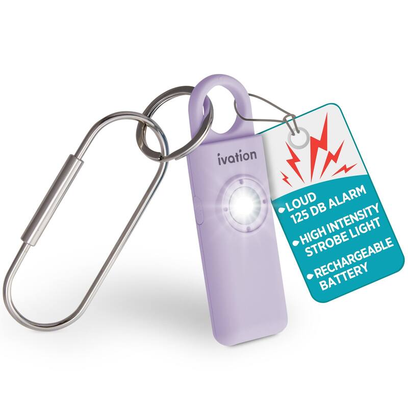 Ivation Personal SOS Keychain Alarm, 130 dB Rechargeable Personal Alarm w/LED Strobe Light - Lavender