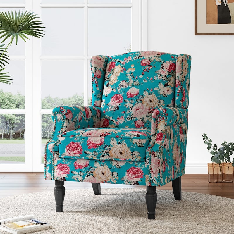 Mid-Century Modern Linen/ Vegan Leather Wing Back Accent Chair - Peacock Blue-Linen