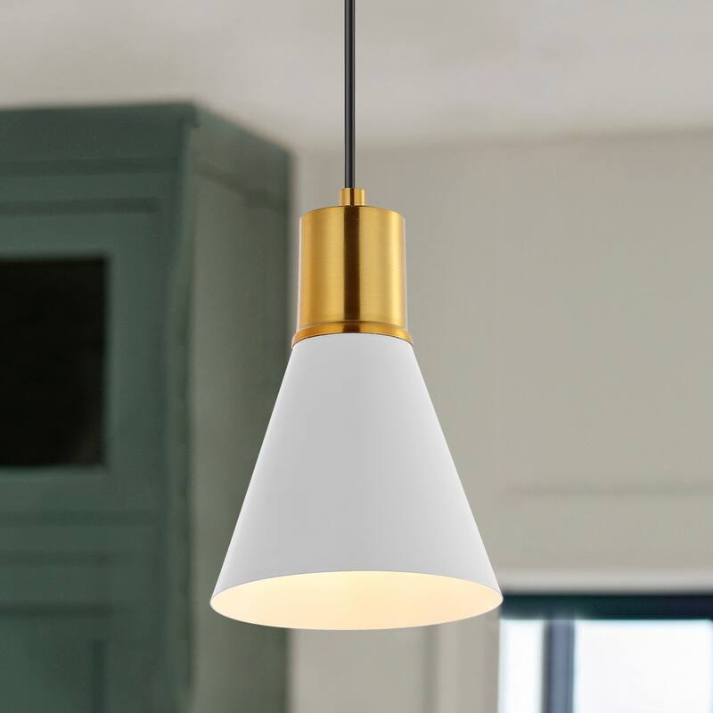 Watts Mid-Century Modern Iron LED Pendant, by JONATHAN Y - 1-Light - White/Brass Gold