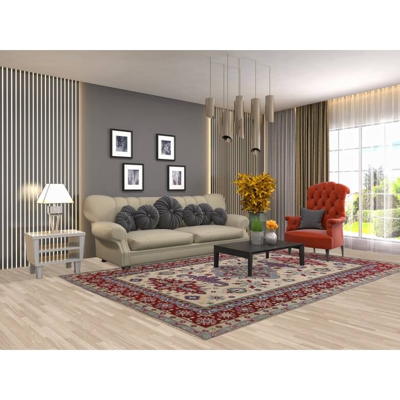 Hand Knotted Oriental 100% Wool Carpet Traditional Geometric Beige & Ivories Kazak Area Rug - 10' 1'' X 6' 7''