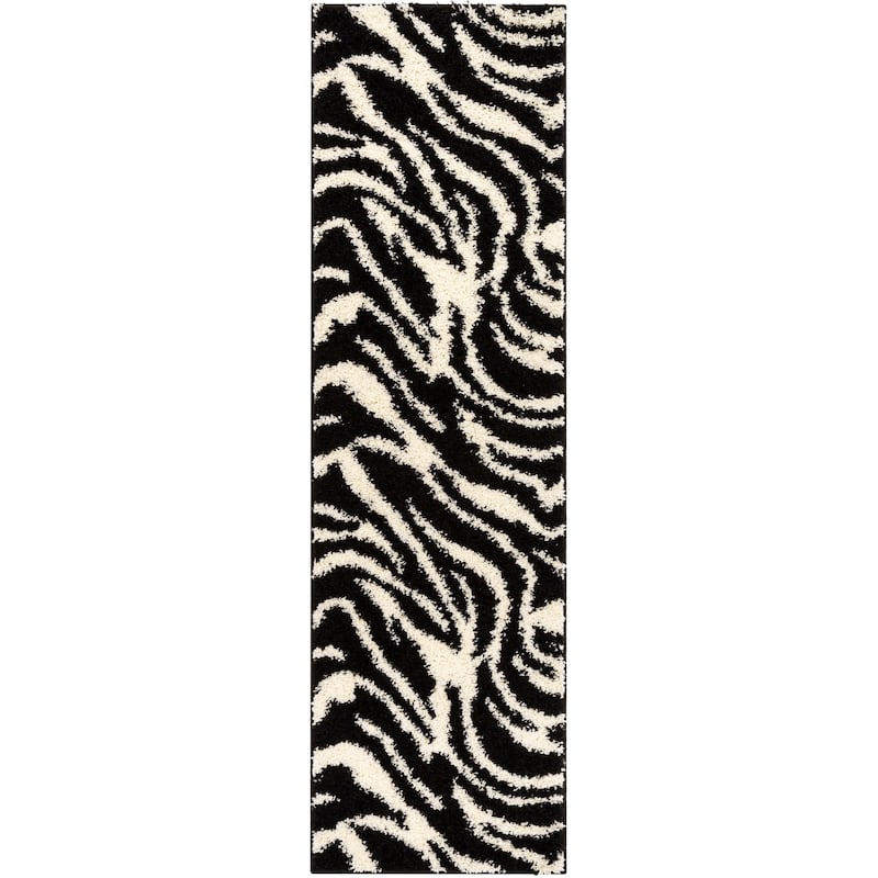 Well Woven Madison Shag Safari Zebra Animal Print Shag Area Rug - 2'3" x 7'3" Runner - Black - Runner