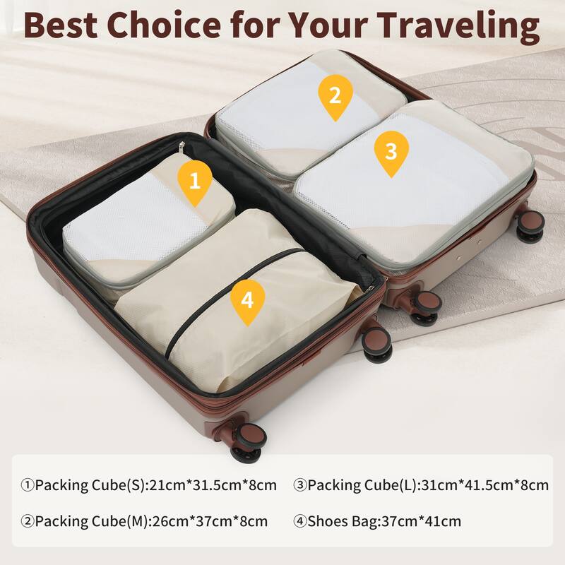 TSA-Approved Spinner Luggage Set with Packing Cubes - Expandable, Durable ABS Material, 16", 20", 24", 28" Travel Suitcases