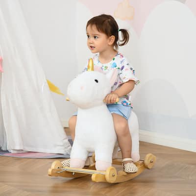 2-in-1 Rocking Unicorn Ride-On Toy with Soft Plush Seat and Wooden Base Fun Sound Features - 24.8" L x 15" W x 24.8" H