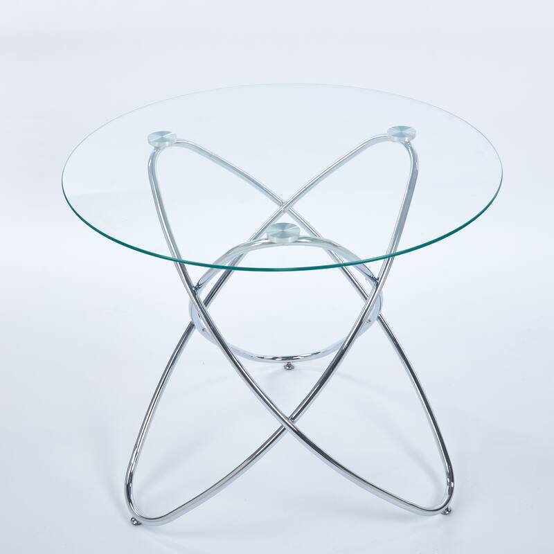 Dining Table With Chrome Metal Leg And Tempered Glass,Kitchen Table For Living Room,Metal Legs