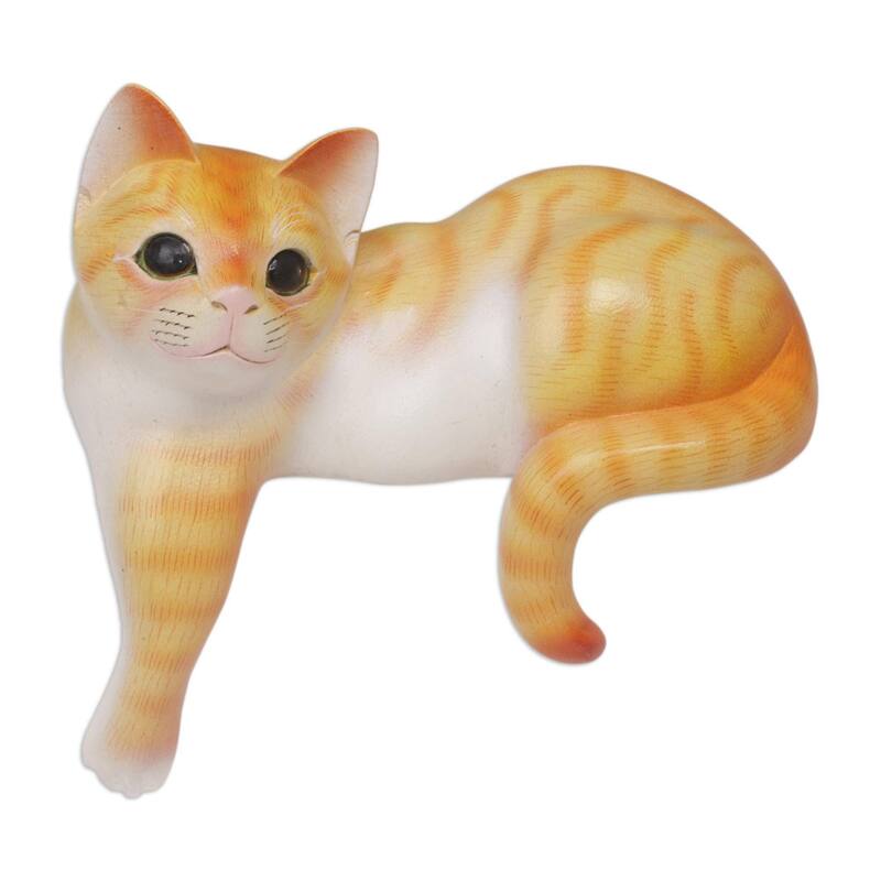 Wood sculpture, 'Watchful Orange Cat'