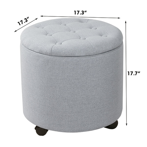 dimension image slide 0 of 5, Adeco Faux Leather Round Storage Ottoman with Tufted