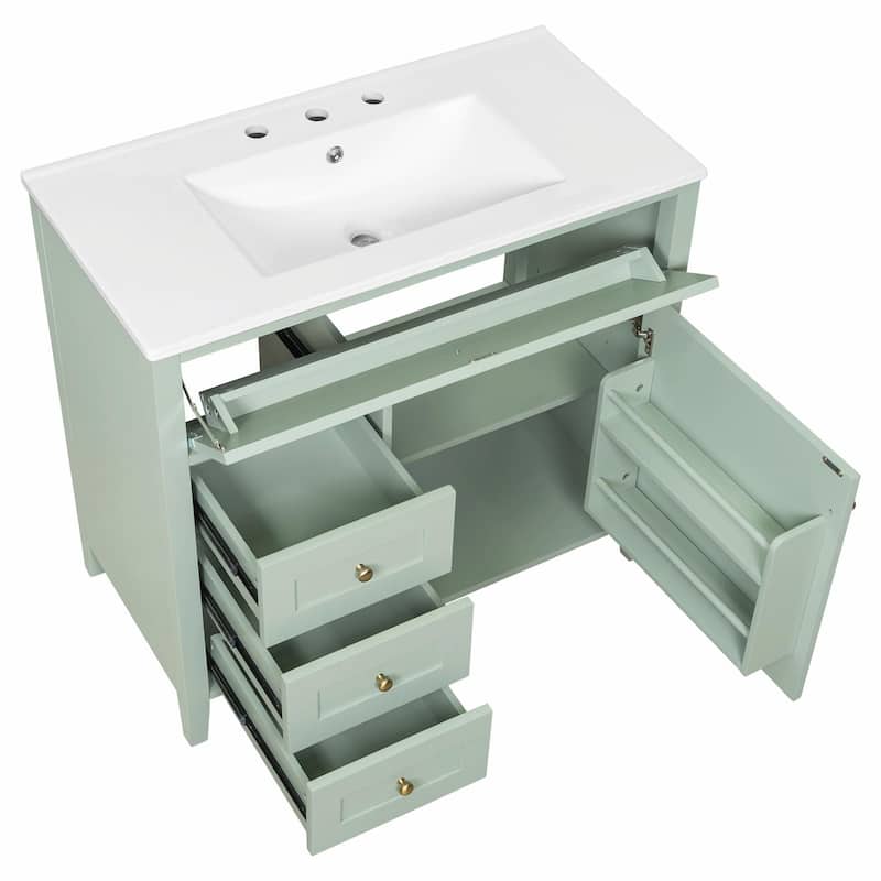 Bathroom Vanity with Sink, Modern MDF and Rubberwood Cabinet with 3 Drawers and Adjustable Shelf