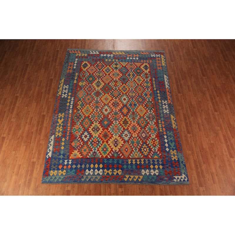 Geometric Kilim Oriental Area Rug Flatweave Tribal Wool Carpet - 8'2"x 11'0"