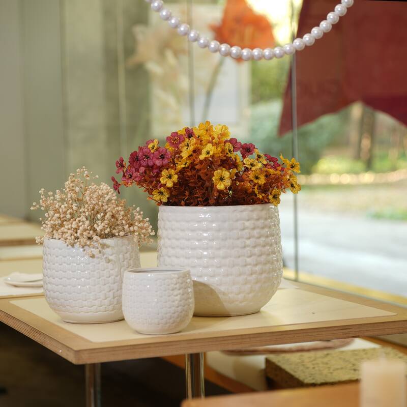 Set of 3 Ceramic Planters Geometric Texture for Orchids and Succulents - Matte White