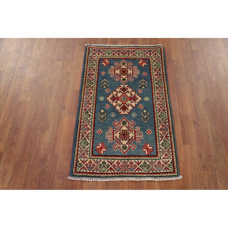 Hand Knotted Oriental 100% Wool Carpet Traditional Geometric Navy Blue & Blues Kazak Area Rug - 3' 3'' X 1' 11''