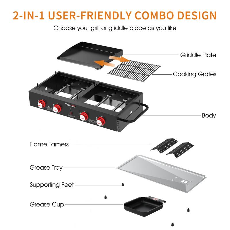 Royal Gourmet Grill & Griddle Combo, 4-Burner Portable Gas Grill Griddle Combo ，Black