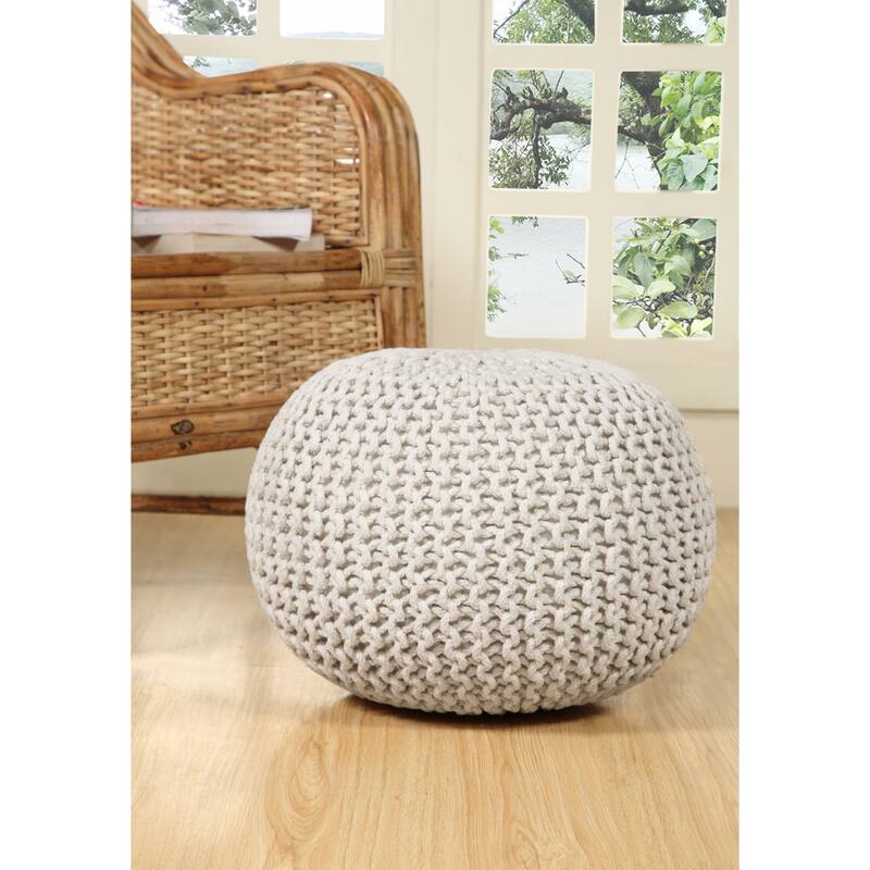 AANNY Designs Lychee Knitted Cotton Round Pouf Ottoman - Ivory