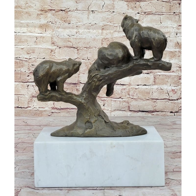 Green Patina Bear Family On A Tree Stump Bronze Sculpture Statue Figurine