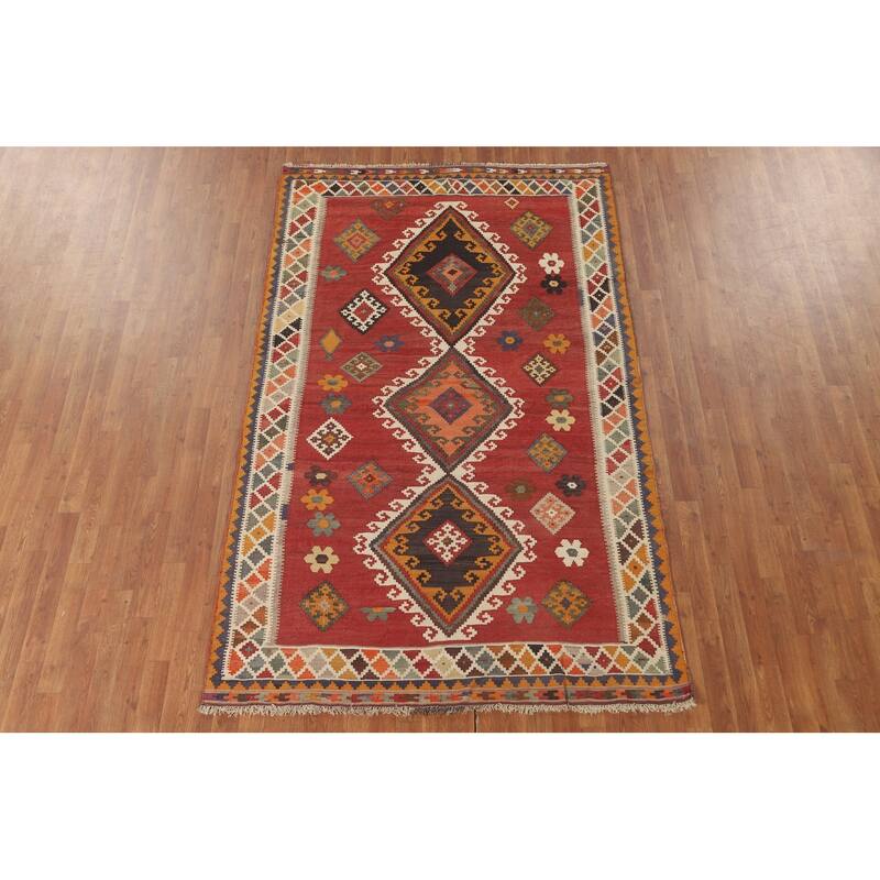 Red Medallion Kilim Qashqai Persian Vintage Rug Flatweave Wool Carpet - 5'1" x 8'3"