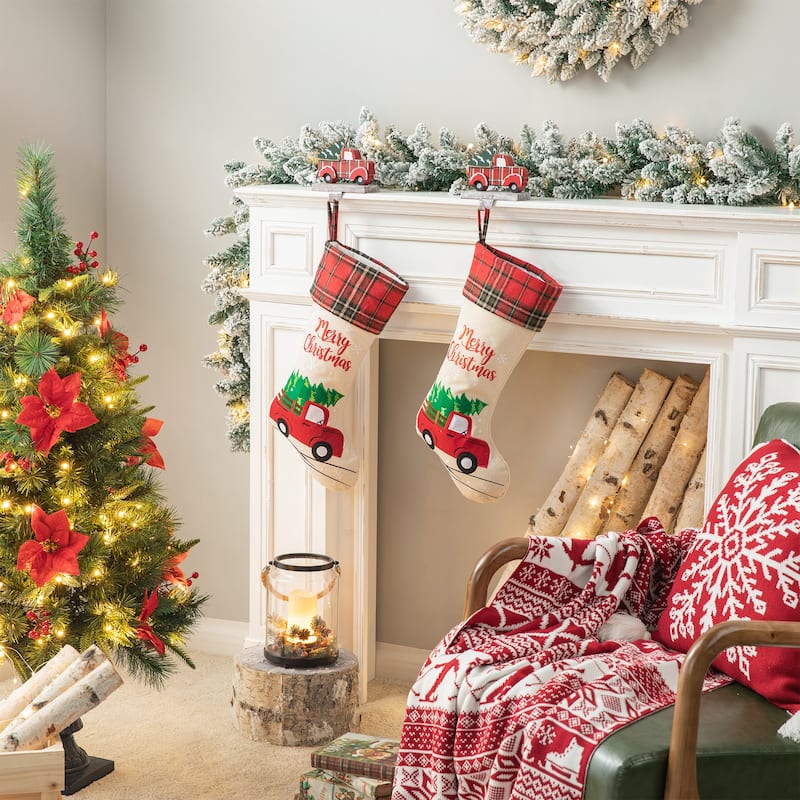 Glitzhome 21"L Embroidered Linen Red Truck Dachshund Christmas Stocking