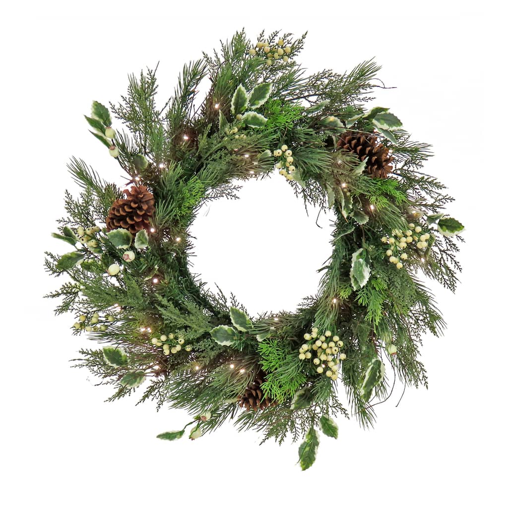 National Tree Company 28 in. HGTV Home Collection Pre-Lit Holly and Berry Wreath - 28 in