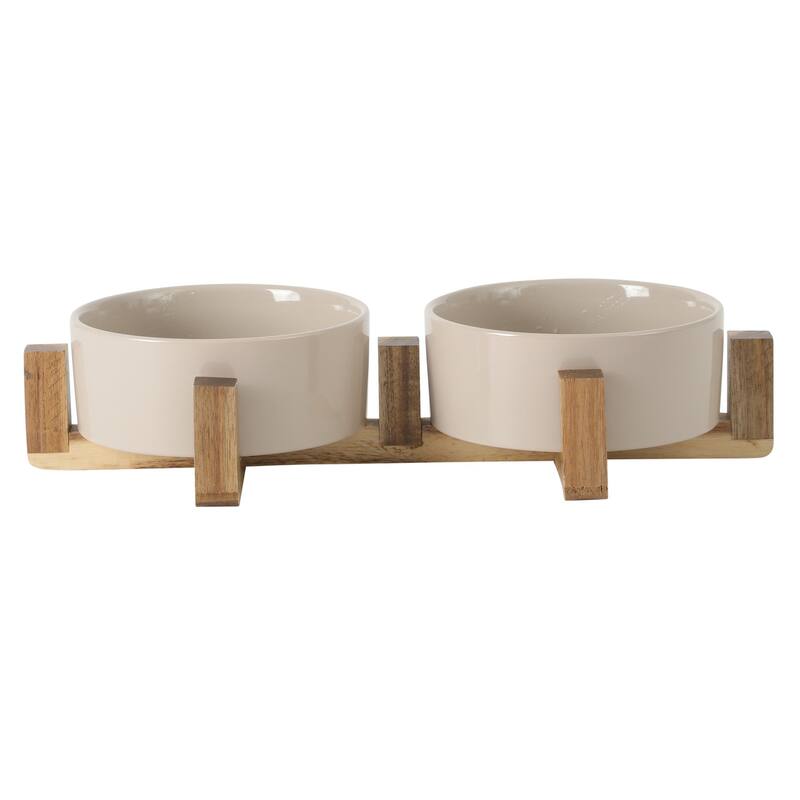 Gibson Home Zoomie Bites Ceramic Dog and Cat 5.5in Bowl with Acacia Wood Stand Non-Slip Matte Glaze Weighted Food Water Set