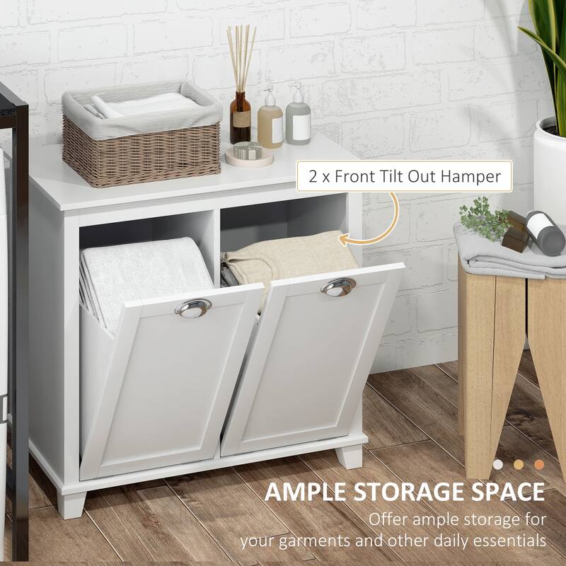 HOMCOM Laundry Room Organization and Storage Cabinet Freestanding Furniture with 2 Tilt Out Hamper Design, White - 30*15.75*27.5