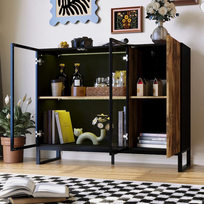 Sideboard Bookshelves Cabinet with LED Light,Glass Doors 47.2” Storage Display Cabinet - 47.2"W