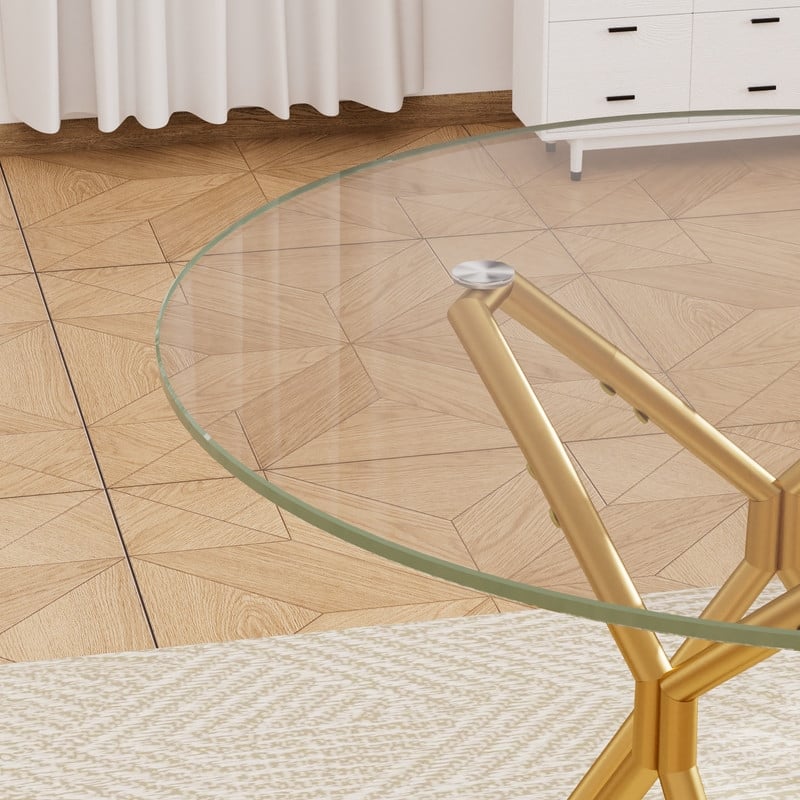 Gold Modern Tempered Glass Dining Table with Metal Legs for Kitchen, Living Room