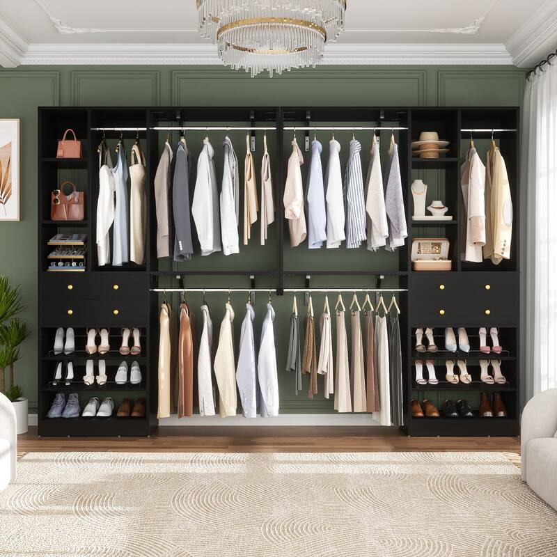 56'' - 120'' Set of 2 Closet System with Shoe Rack, Closet Organizer with Drawers and Hanging Rods - Black