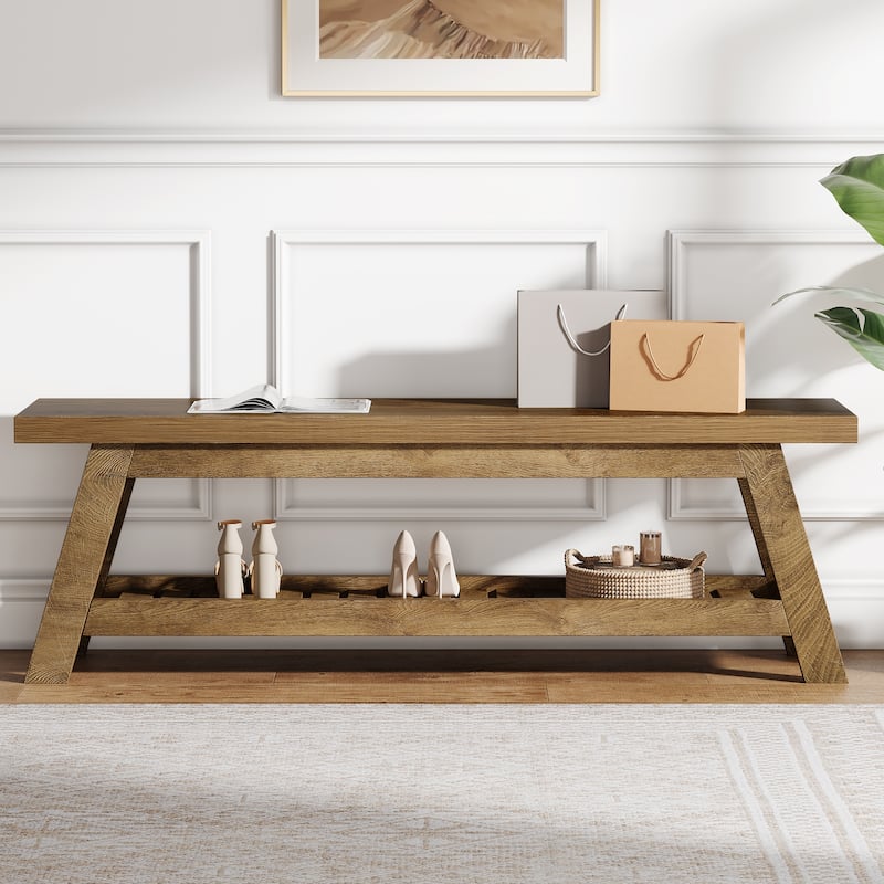 2-Tier Entryway Shoe Bench with Storage, 55-Inch Long Wood Storage Bench for Living Room, Bedrooms