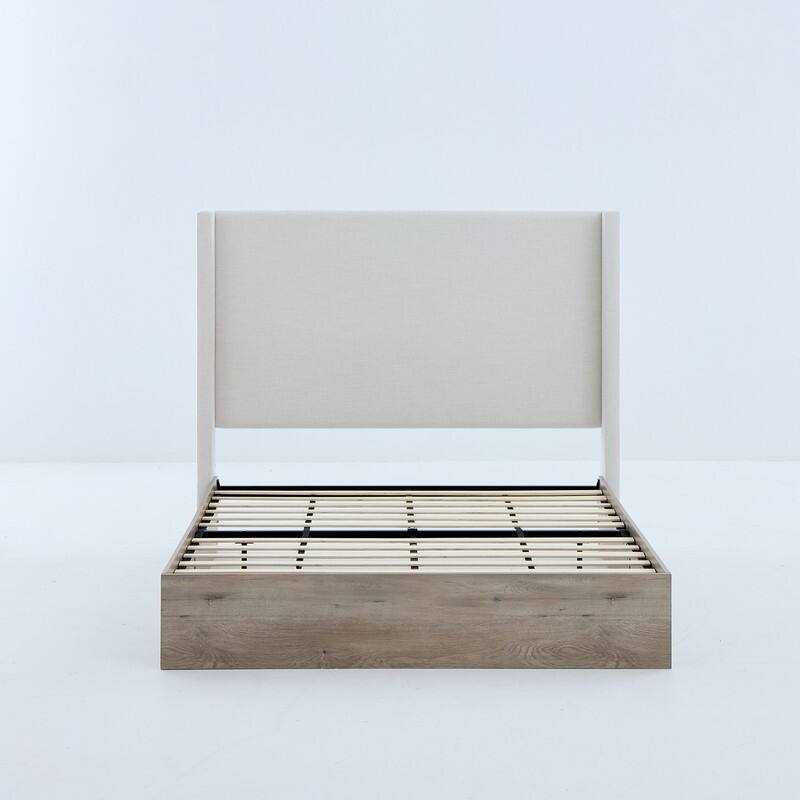 Tall Headboard Wingback Upholstered Platform Bed Frame Elegant Textured for Bedroom Strong Wood Slats Support