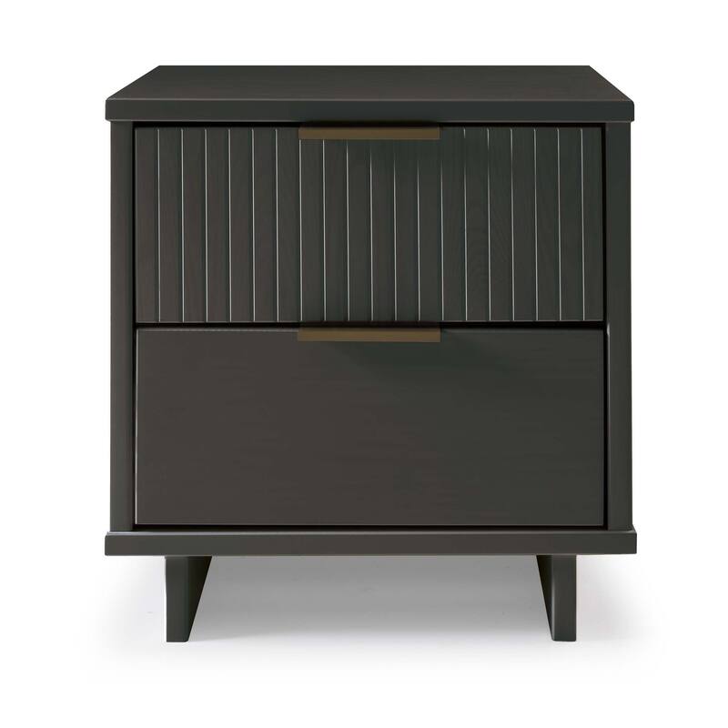 Modern Nightstand with 2 Drawers Ribbed Texture Solid Wood Construction - Charcoal grey