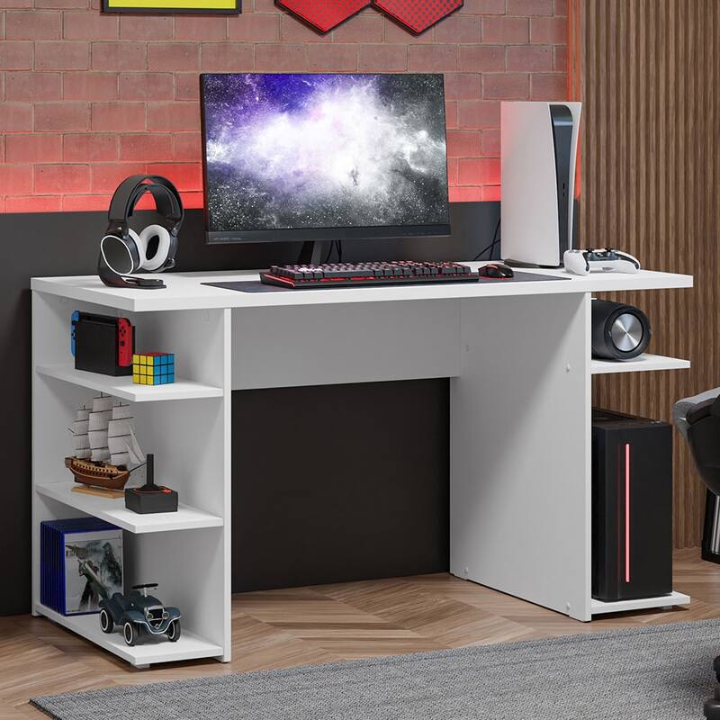 Madesa Gamer Desk 53" + Ladder Shelf Standing Bookcase - White