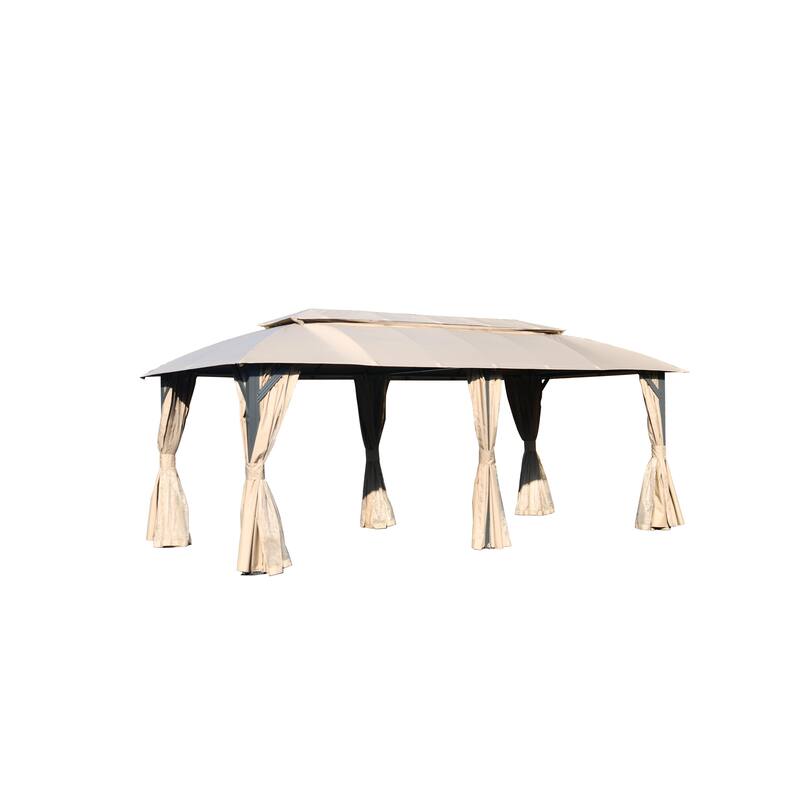 10x20FT Outdoor Gazebo with Double Roofs, Privacy Curtains, Mosquito Netting, Heavy Duty Metal Frame for Patio, Backyard - Brown