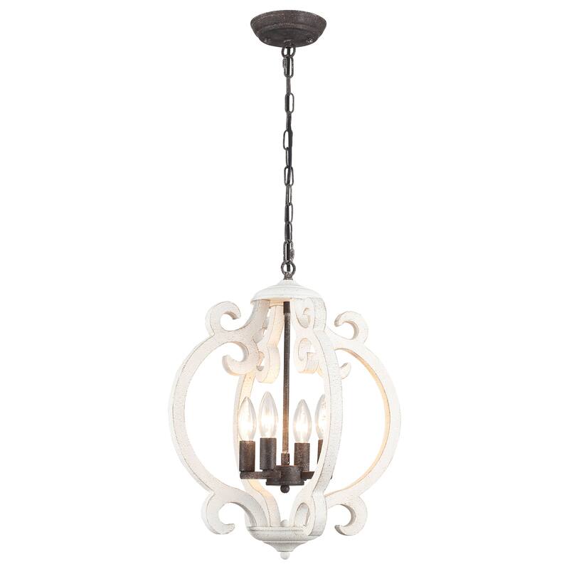 4-Light 15.74-inch Farmhouse Wooden Lantern Chandeliers for Entryway