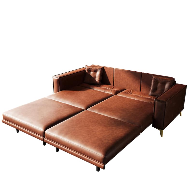 Oversized 3-in-1 Convertible Sofa Bed, 92.1" Faux Leather Square Arms Loveseat, Modern Pull-Out Sleeper Couch with Pillows