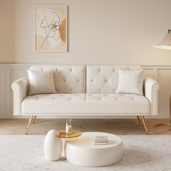 Beige Velvet Nail Head Double Futon Sofa Bed with Throw Pillows and Gold Metal Legs On Sale Bed Bath Beyond 39255445
