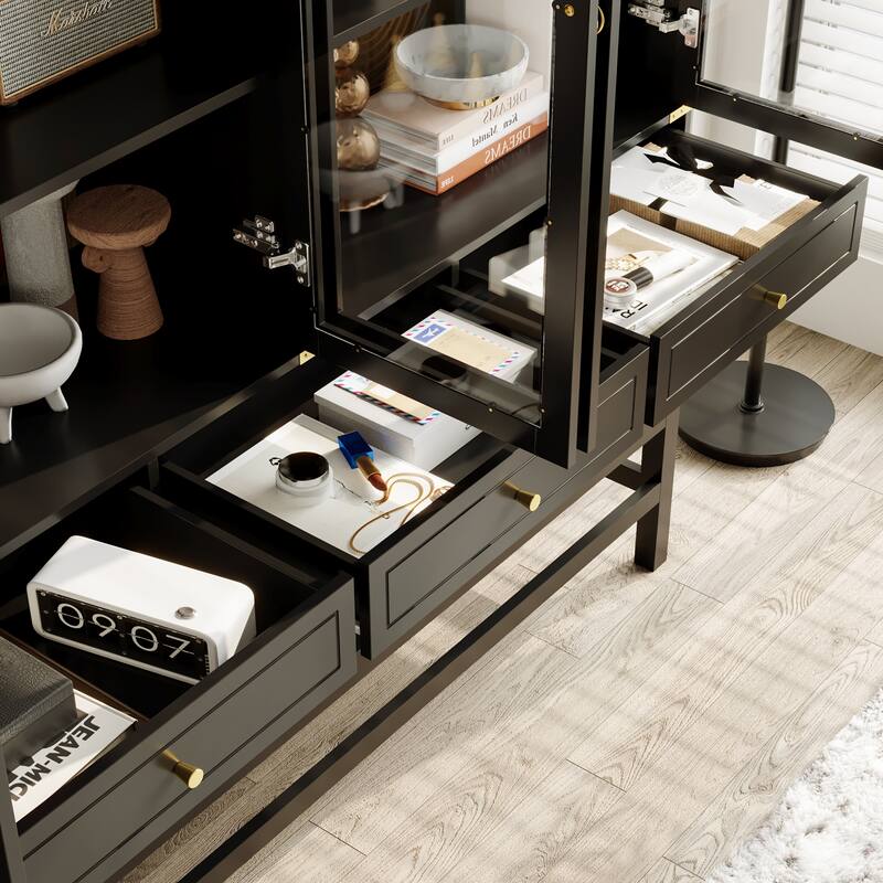 Bookshelves Black Display Cabinet with Glass Doors, Wood Grain Back, Metal Corner Accents - 66.1"x74.8"