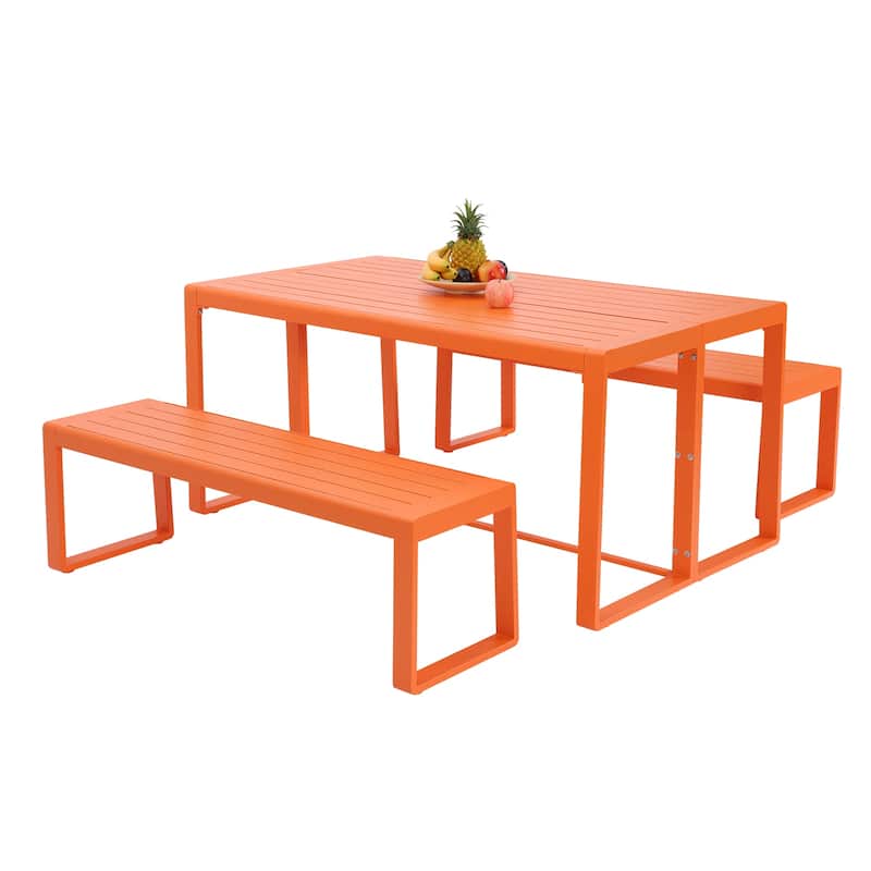 Aoodor 3-Piece Outdoor Patio Dining Set, Aluminum Furniture Set with 1 Rectangular Picnic Table and 2 Benches - N/A - Orange
