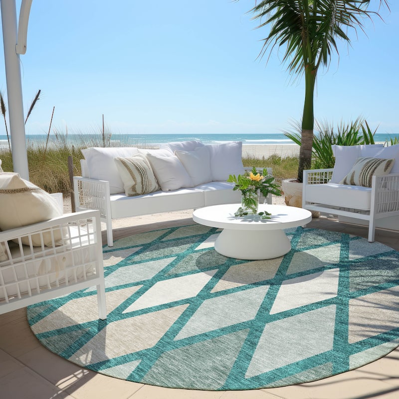 Machine Washable Indoor/ Outdoor Chantille Prism Diamond Rug - Teal - 8' x 8'