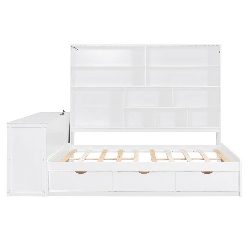 Full Size Wooden Daybed with Built In Desk, Charging Station, Versatile LED Platform Sofa Bed Frame