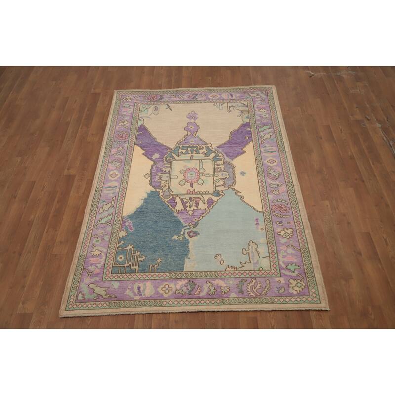 Hand Knotted Oriental 100% Wool Carpet Transitional Medallion Purples Oushak Area Rug - 6' 7'' X 4' 3''