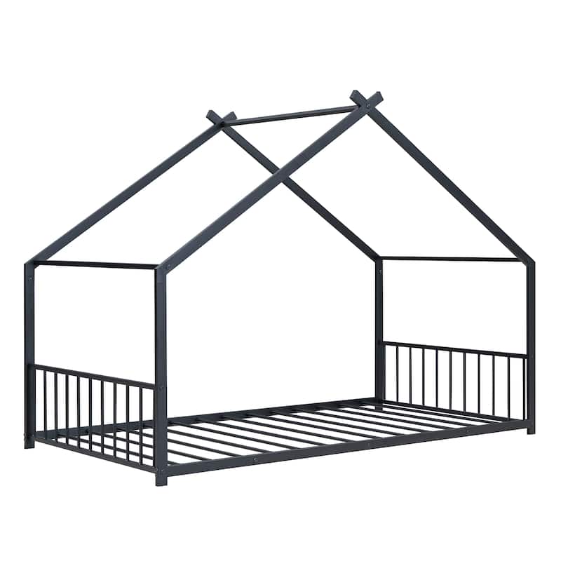 Metal House Bed with Roof, Fence, and Back